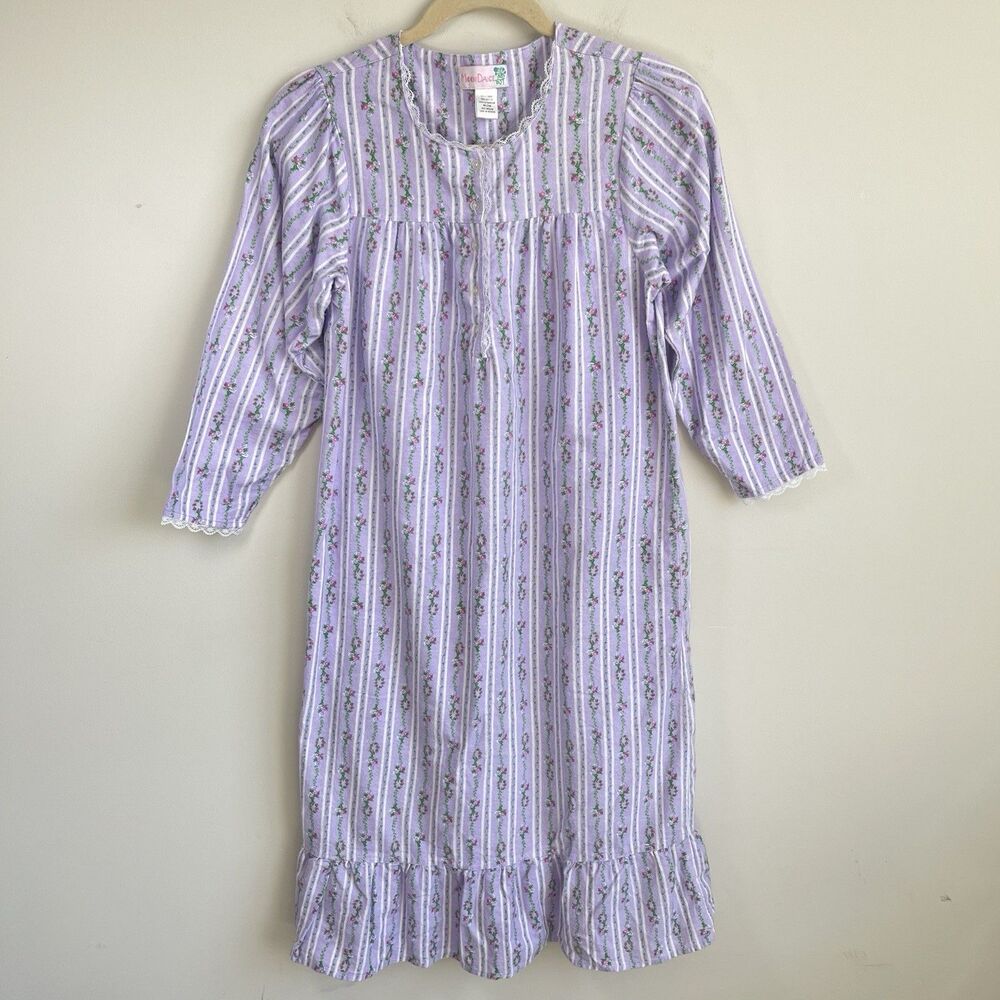 Moon Dance M Nightgown Lavander‎ Floral Flannel Long Pajama Dress Granny Cottage